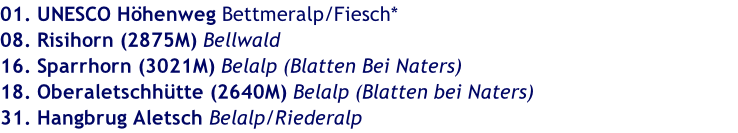 01. UNESCO Höhenweg Bettmeralp/Fiesch* 08. Risihorn (2875M) Bellwald 16. Sparrhorn (3021M) Belalp (Blatten Bei Naters) 18. Oberaletschhütte (2640M) Belalp (Blatten bei Naters) 31. Hangbrug Aletsch Belalp/Riederalp